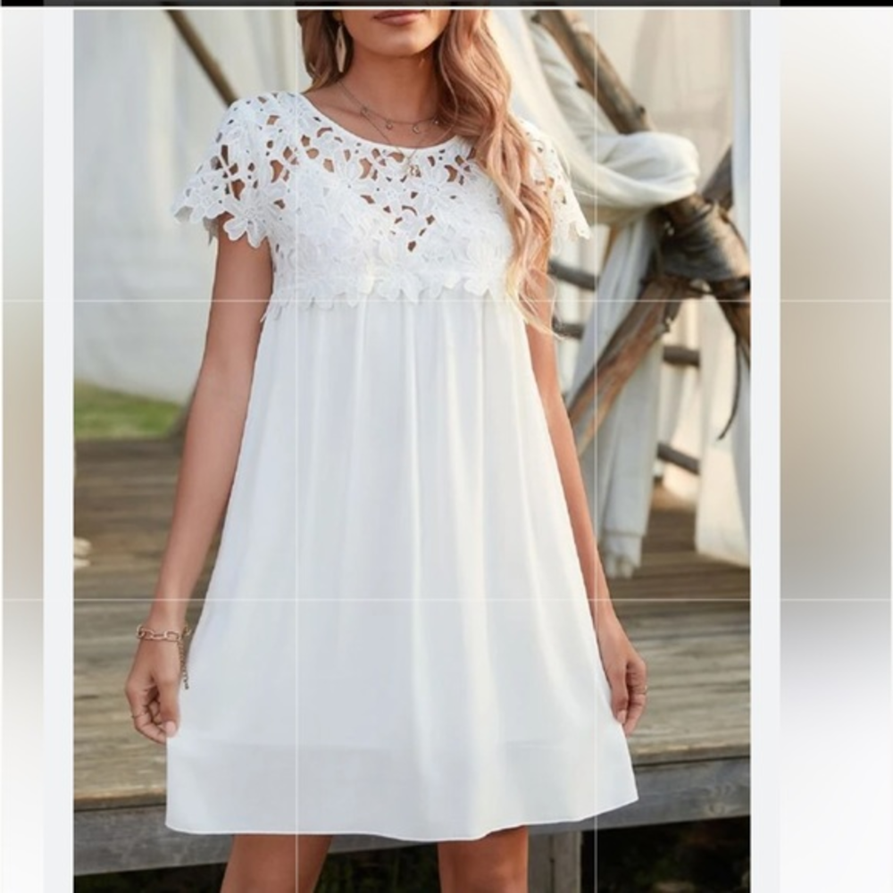 My story Sheer Lace Yoke Round Neck Smock Dress babydoll